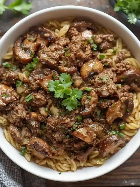 Ground Beef and Orzo with Mushrooms